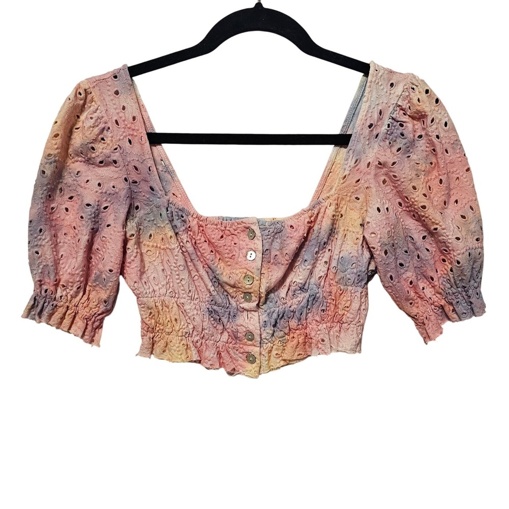 Tie Dye Eyelet Cotton Puff Sleeve Button Front Crop Top Small Pastel Multicolor